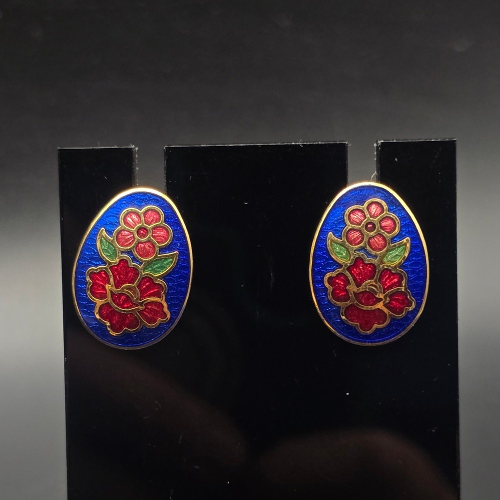 Avon 1989 Cloisonne Earrings Floral Enamel Blue Stud Pierced Vintage 1980s